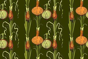 Botanical abstract seamless pattern with juicy onions illustration. Colorful vegetables repeating cartoon pattern in green color background. Graphic design for Fashion Cover Textile Birthday vector