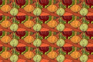 Botanical abstract seamless pattern with cartoon colorful carrots, onions, beets illustration. Repeating vegetables pattern in orange color background. Graphic design for Fashion Cover Textile vector