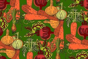 Botanical abstract seamless pattern with juicy vegetables illustration. Colorful carrots, onions, beets repeating cartoon pattern in green color background. Graphic design for Fashion Cover vector