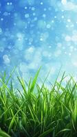 Lush green grass under a clear blue sky with soft sunlight creating a serene and refreshing atmosphere outdoors photo