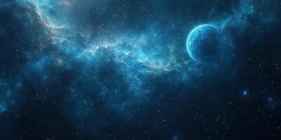Starry night view showcasing a distant blue planet and swirling cosmic clouds in a vibrant galaxy photo