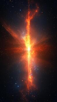 Vivid cosmic explosion of bright orange and red light against a dark endless space background during an astronomical event photo