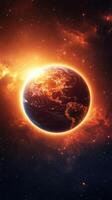 Earth glowing against a backdrop of space during a cosmic event with vibrant colors and an intense, fiery atmosphere photo