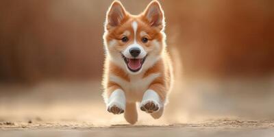 Happy corgi puppy running joyfully on a sandy path during golden hour light in an outdoor setting photo