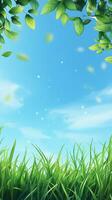 Bright and serene blue sky with vibrant green grass and leaves under a gentle breeze photo