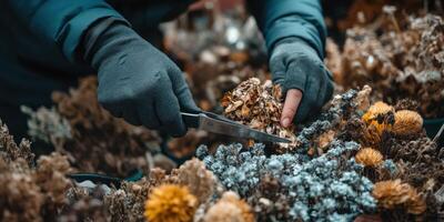 Hands trimming dried flowers in a garden setting during the afternoon light photo
