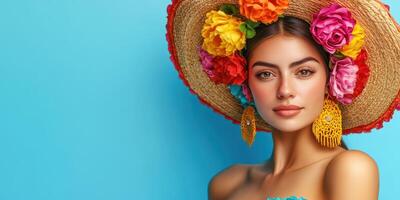 Stunning model in vibrant floral hat poses against a bright blue background during a summer fashion shoot photo