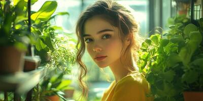 Young woman surrounded by lush greenery in a bright indoor garden, enjoying a peaceful moment while tending to plants photo