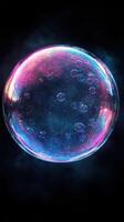 Colorful soap bubble floating in a dark space with shimmering reflections and light effects photo