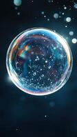 Clear soap bubble floating gracefully in a dark background with shimmering reflections and sparkling light photo