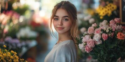 Young woman posing with flowers in a vibrant flower shop during daylight photo