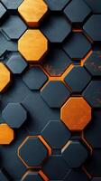 Bold geometric pattern featuring interlocking hexagons in shades of orange and dark gray contrasting against each other photo