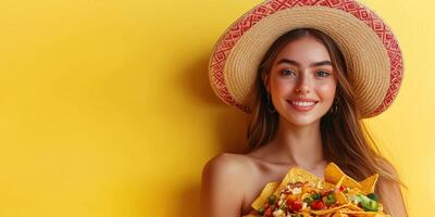 Young woman wears a sombrero while joyfully holding a plate of nachos against a bright yellow background photo