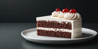 Delicious chocolate cake with whipped cream and cherries presented on a sleek plate photo