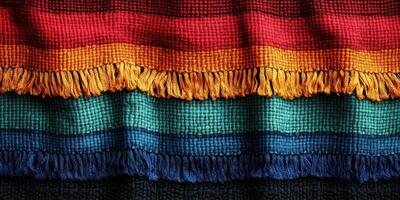 Colorful woven textiles with vibrant patterns displayed in a market setting photo