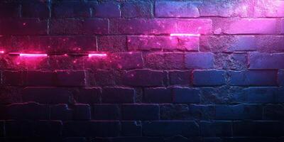 Vibrant neon lights illuminate a textured brick wall in an urban setting during the evening hours photo