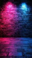 Vibrant brick wall illuminated by colorful lights in an urban setting at night, creating a striking visual backdrop photo
