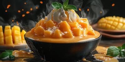 Delightful mango dessert served in a black bowl garnished with whipped cream and mint leaves photo
