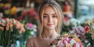 Young woman smiling while holding a bouquet of colorful flowers in a floral shop filled with plants and blossoms photo