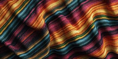 Vibrant woven fabric with colorful stripes displayed in natural light photo