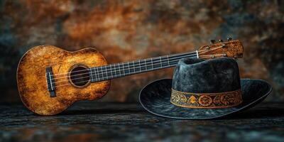 Rustic ukulele and cowboy hat displayed together on a textured backdrop showcasing craftsmanship and charm photo