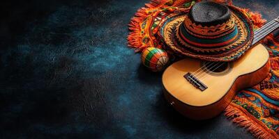 Colorful traditional instruments and sombrero on vibrant textile background showcase cultural artistry in celebration photo