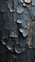 Textured surface of a weathered and peeling black paint, showcasing layers of decay and the passage of time photo