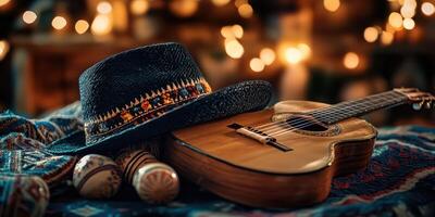 Musical elements are displayed with a guitar, hat, and maracas set against a warm, inviting backdrop photo