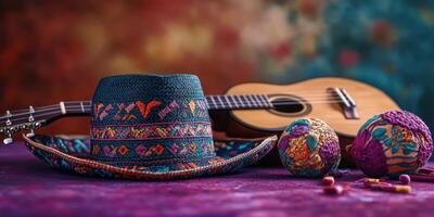 Colorful traditional hat and musical instruments create a vibrant atmosphere at a culture festival photo