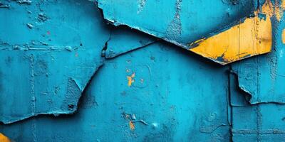 Colorful peeling paint on a textured wall showcasing shades of blue and yellow in an urban setting photo