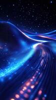 Vibrant abstract landscape showcasing flowing blue and orange light patterns against a dark starry background photo