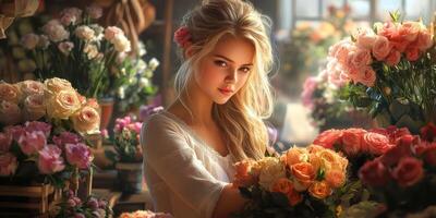 Young woman arranging colorful roses in a flower shop during daylight hours photo