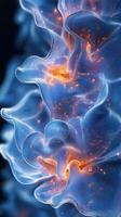 Mesmerizing blue fabric with glowing orange details creating an abstract visual effect in a dark environment photo