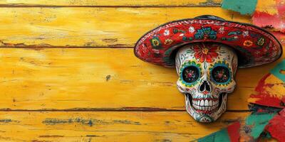 Colorful sugar skull with sombrero against bright wooden background during Day of the Dead celebration photo