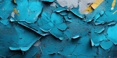 Detailed view of blue and gray peeling paint on a weathered wall showcasing texture and color variations photo