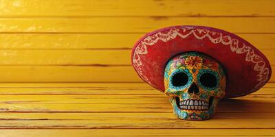 Colorful decorative skull with a sombrero on a wooden background ready for a festive celebration photo