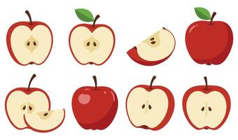 Dynamic Apple Cut Sliced Set Icon with Artistic Apple Illustrations in Blue Yellow and Red Great for School Learning Materials and Fun Fruit-Themed Designs vector