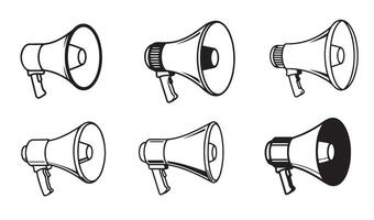 Megaphone Sound Audio Speaker Icon Set Featuring a Variety of Loudspeaker and Public Address System Designs in Line Art Style Perfect for Communication and Announcement Graphics vector