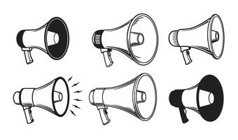 Retro and Contemporary Megaphone Sound Audio Speaker Icon Set with Outline Drawings of Loudspeakers Microphones and Communication Devices Ideal for Marketing and Media Designs vector