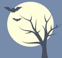 Bats flying over a barren tree under a full moon in a nighttime illustration. Halloween. vector