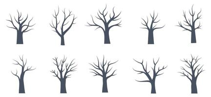 Collection of illustrations depicting various bare trees in winter with unique branch structures and heights vector