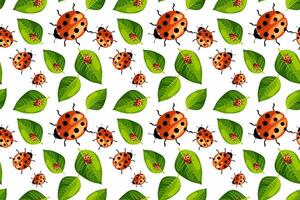 Bright ladybird and leaf seamless pattern creating a vibrant natural design for various artistic uses vector