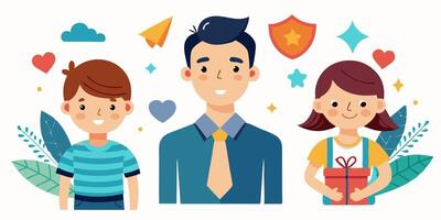 A man and two children are standing together with hearts and other symbols vector