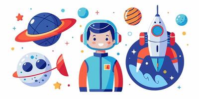 An illustration of a boy in space with planets and rockets vector