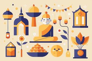 Thai buddha icon set with various objects and decorations vector