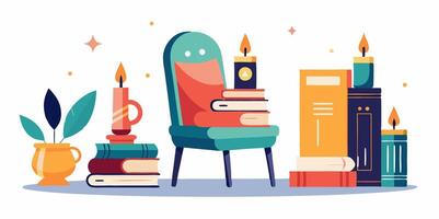 A chair with books and candles on it vector