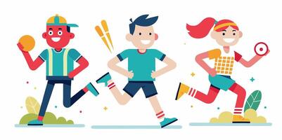 Three people are running together in a cartoon style vector