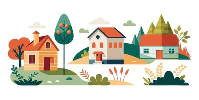 illustration of houses, trees and bushes vector