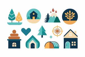 A set of flat icons with houses, trees and other objects vector