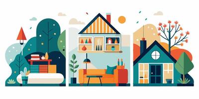 Three different illustrations of houses and trees vector
